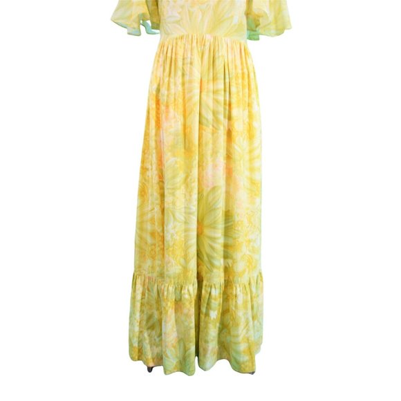 Vintage 1970s Yellow Maxi Dress Floral Flutter Sleeves Bohemian | W 29" - Picture 7 of 10